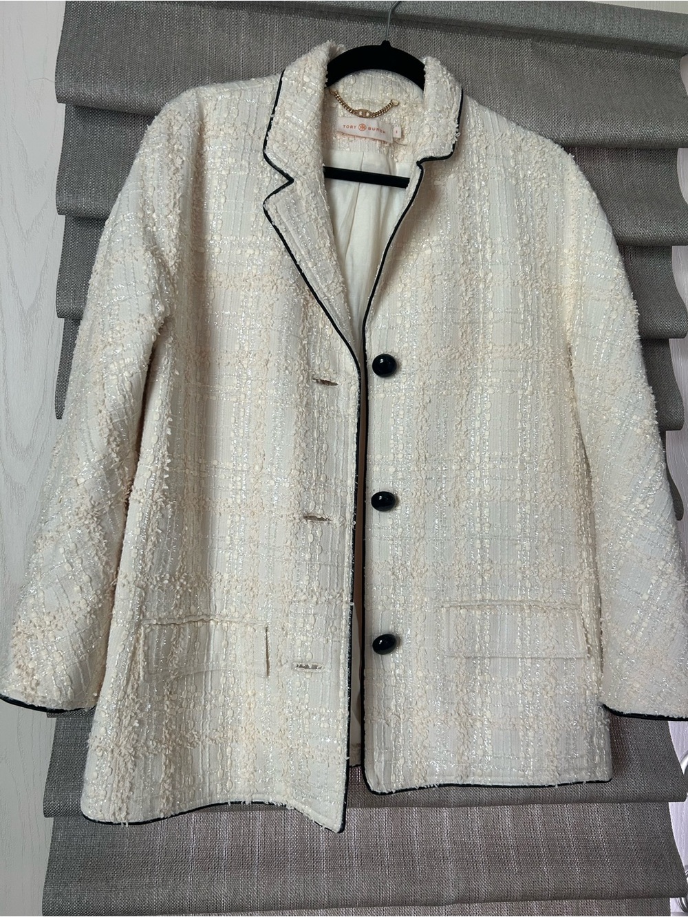 Tory Burch Cream Tweed Jacket with Black Piping